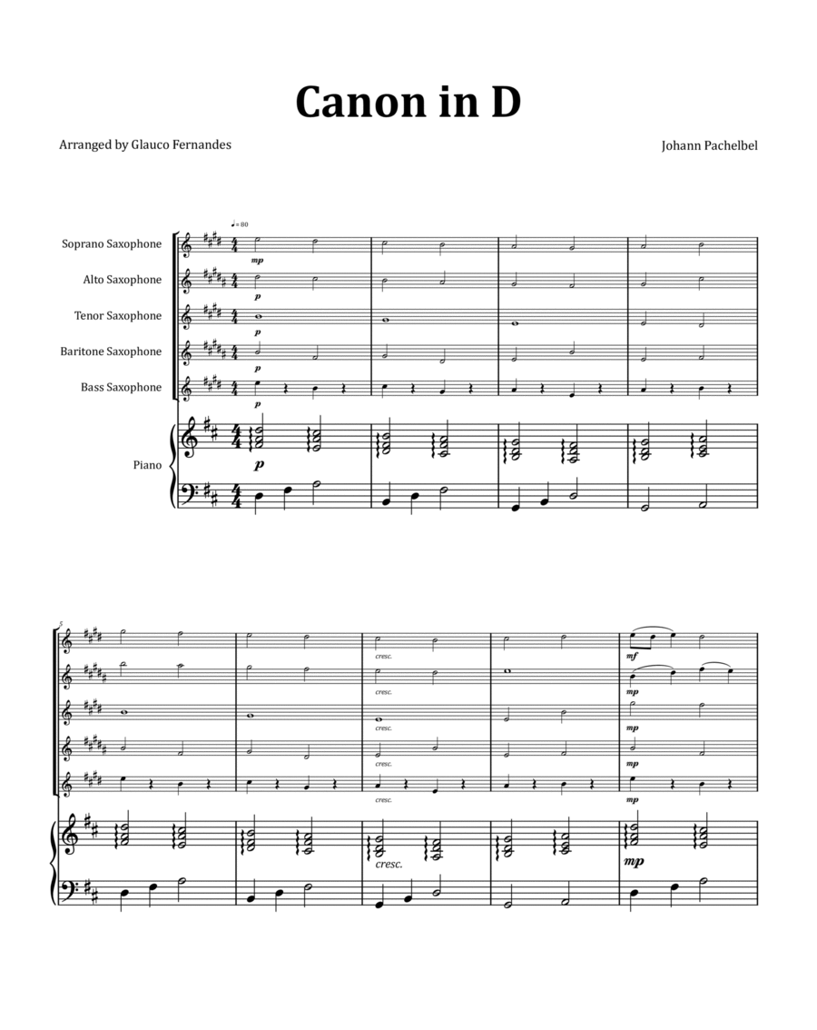 Canon by Pachelbel - Saxophone Quintet with Piano image number null