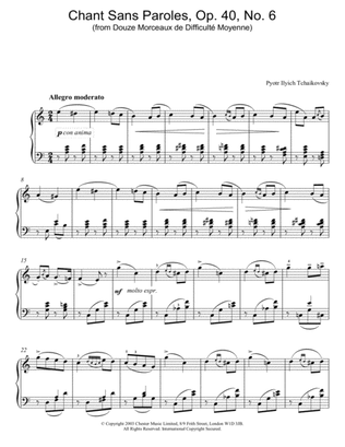 Book cover for Chant Sans Paroles, Op. 40, No. 6 (from Douze Morceaux de Difficult Moyenne)
