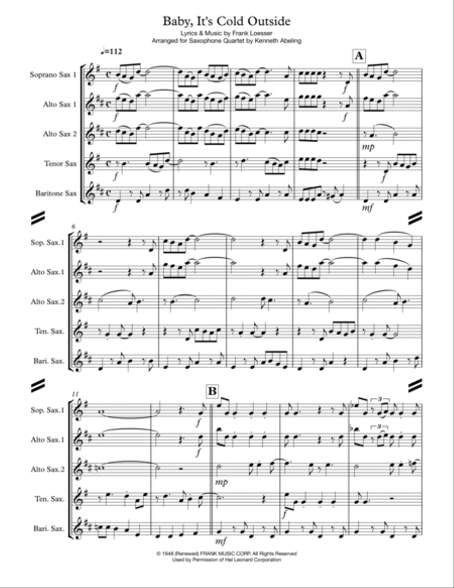 Baby, It's Cold Outside Saxophone Quartet scores gallery preview page 2