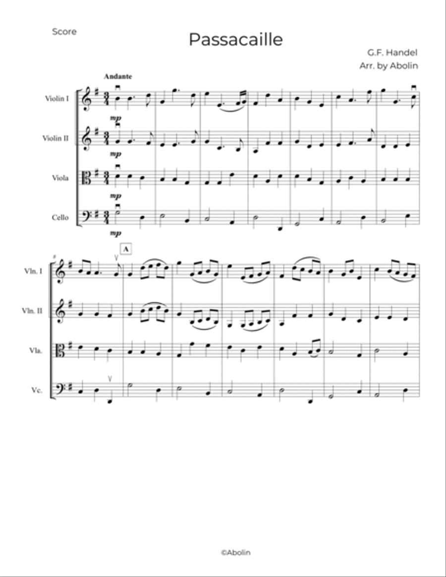 Handel: Passacaille (Passacaglia) from Sonata Op.5, No.4, HWV 399, arr. for String Quartet String Quartet scores gallery preview page 2