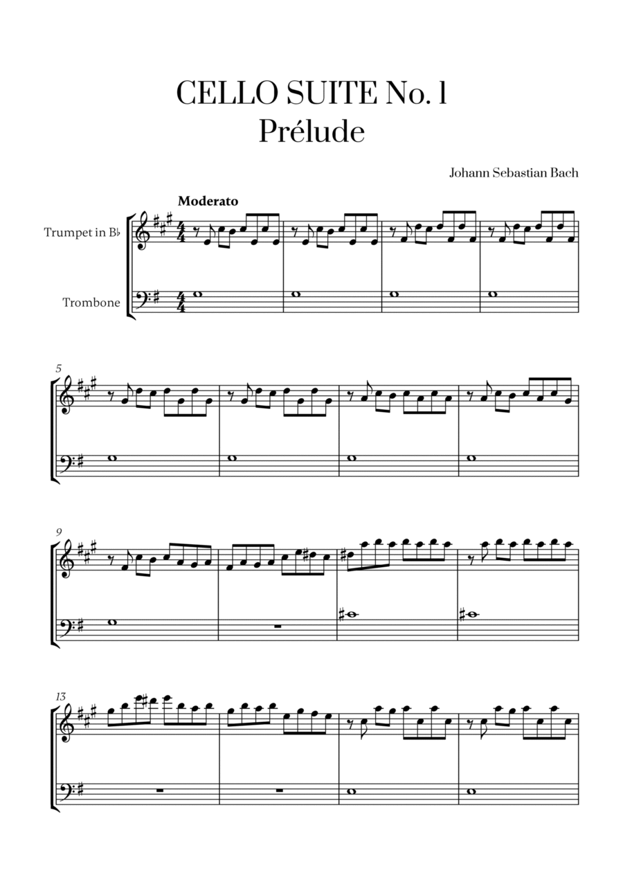 Johann Sebastian Bach - Cello Suite No. 1 in G Major, Prelude for Trumpet in Bb and Trombone Trombone scores gallery preview page 1