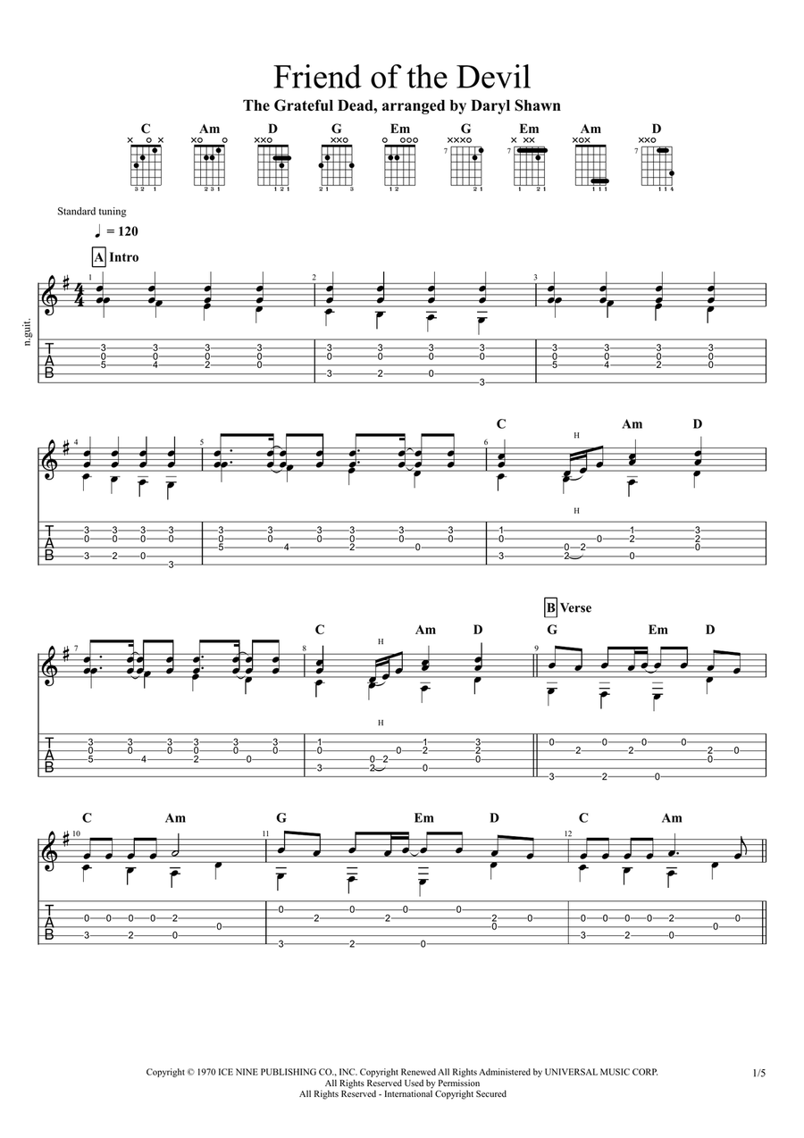 Friend Of The Devil Guitar Tablature scores gallery preview page 1