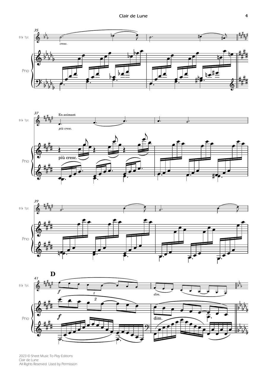 Clair de Lune by Debussy - Bb Trumpet and Piano (Full Score and Parts) B-Flat Trumpet scores gallery preview page 5