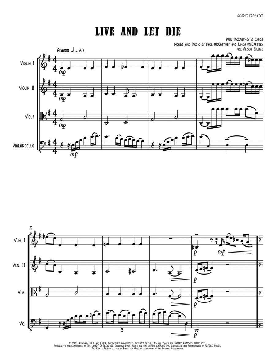 Live And Let Die Live And Let Die String Quartet scores gallery preview page 1