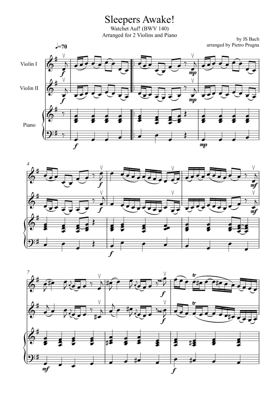 Sleepers Awake! (Wachet Auf!) (BWV 140) - for 2 Violins & Piano (Part of 