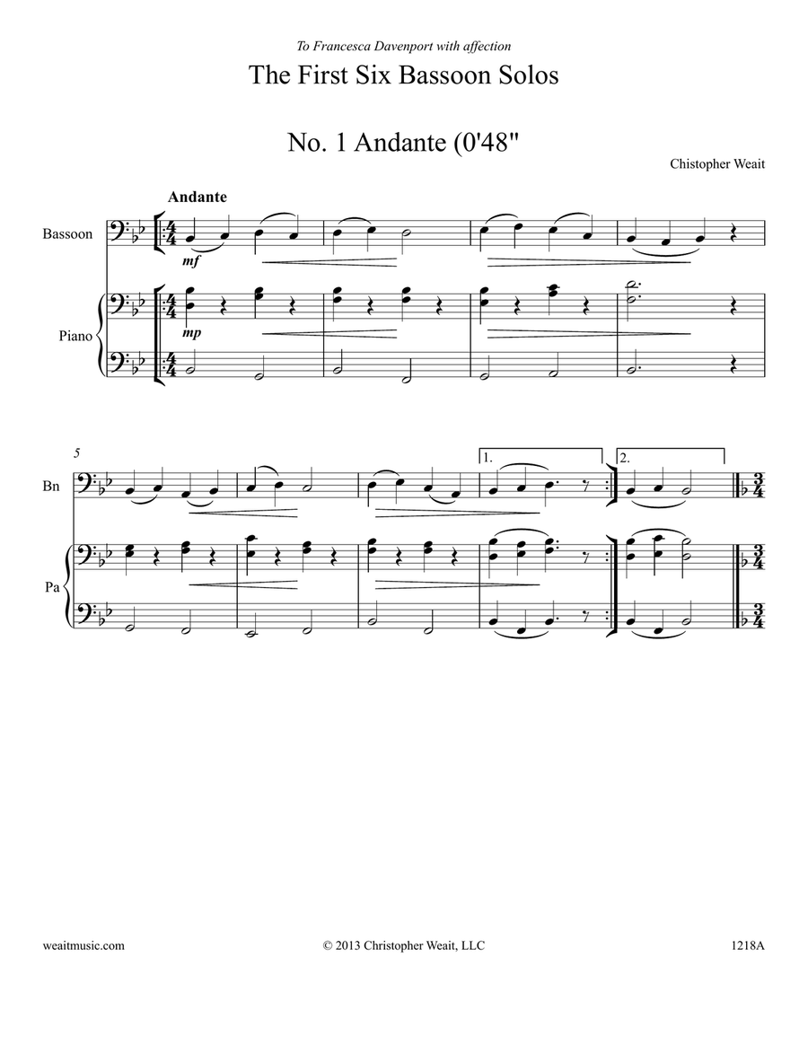 The First Six Bassoon Solos for bassoon & piano (Total time 5’) Bassoon Solo scores gallery preview page 2