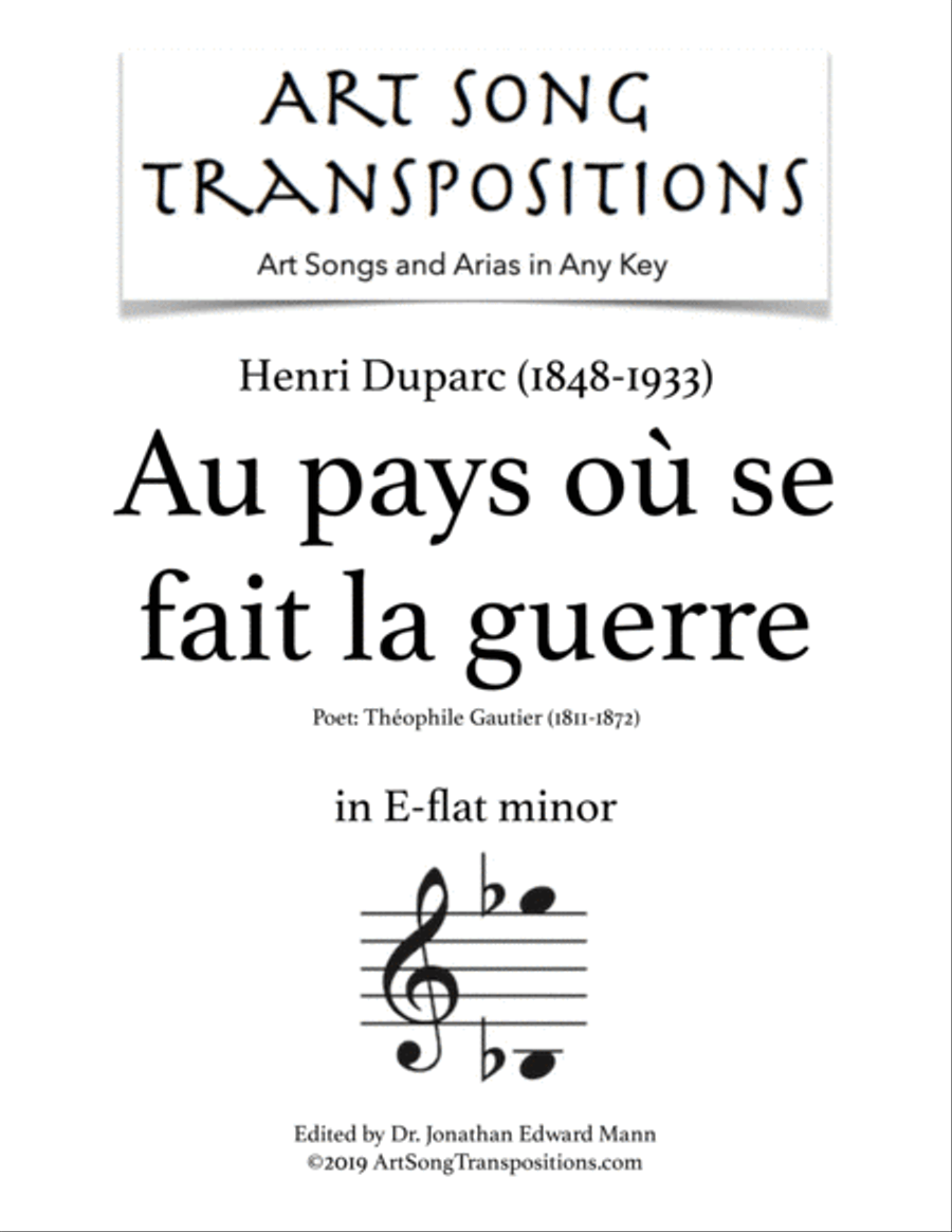 DUPARC: Au pays où se fait la guerre (transposed to E-flat minor) Voice scores gallery preview page 1