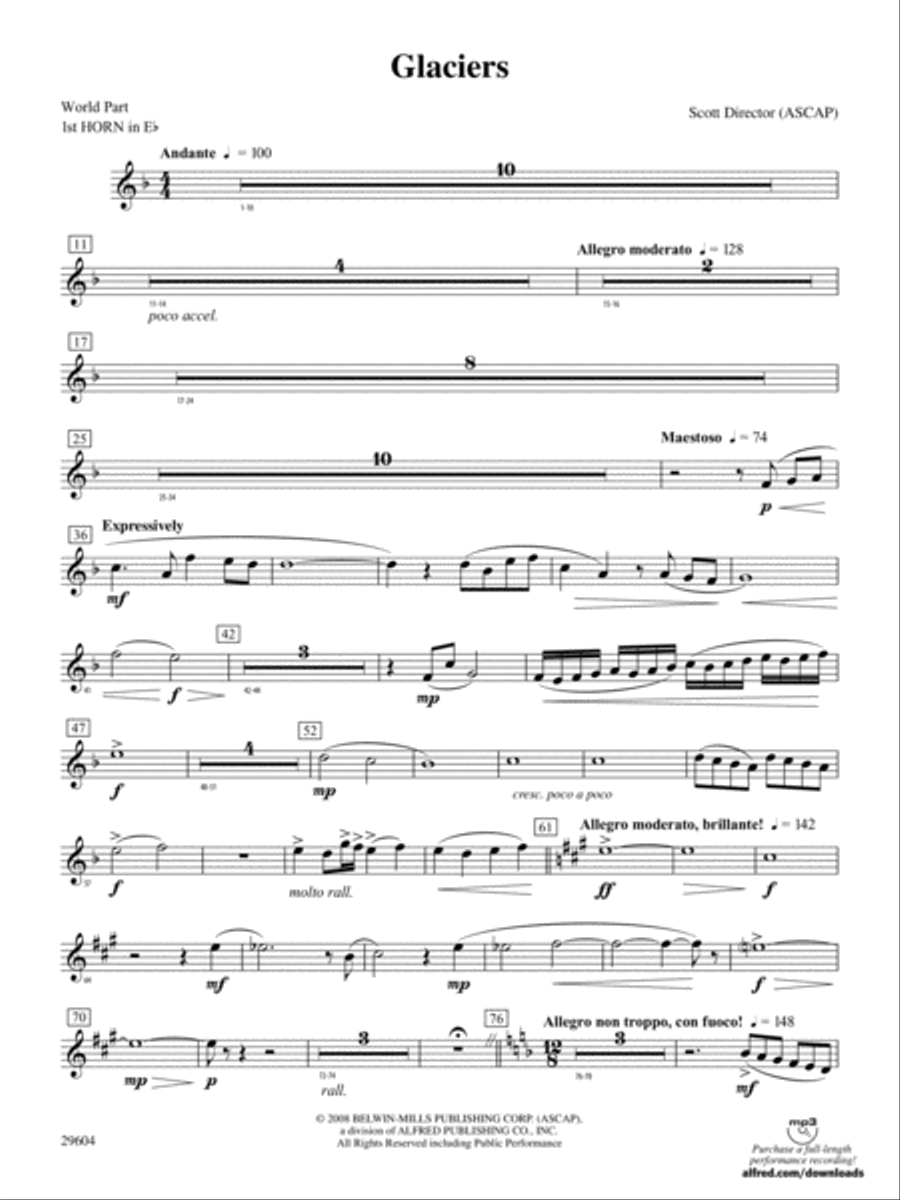 Glaciers: (World Part) 1st Horn in E-flat Concert Band scores gallery preview page 1