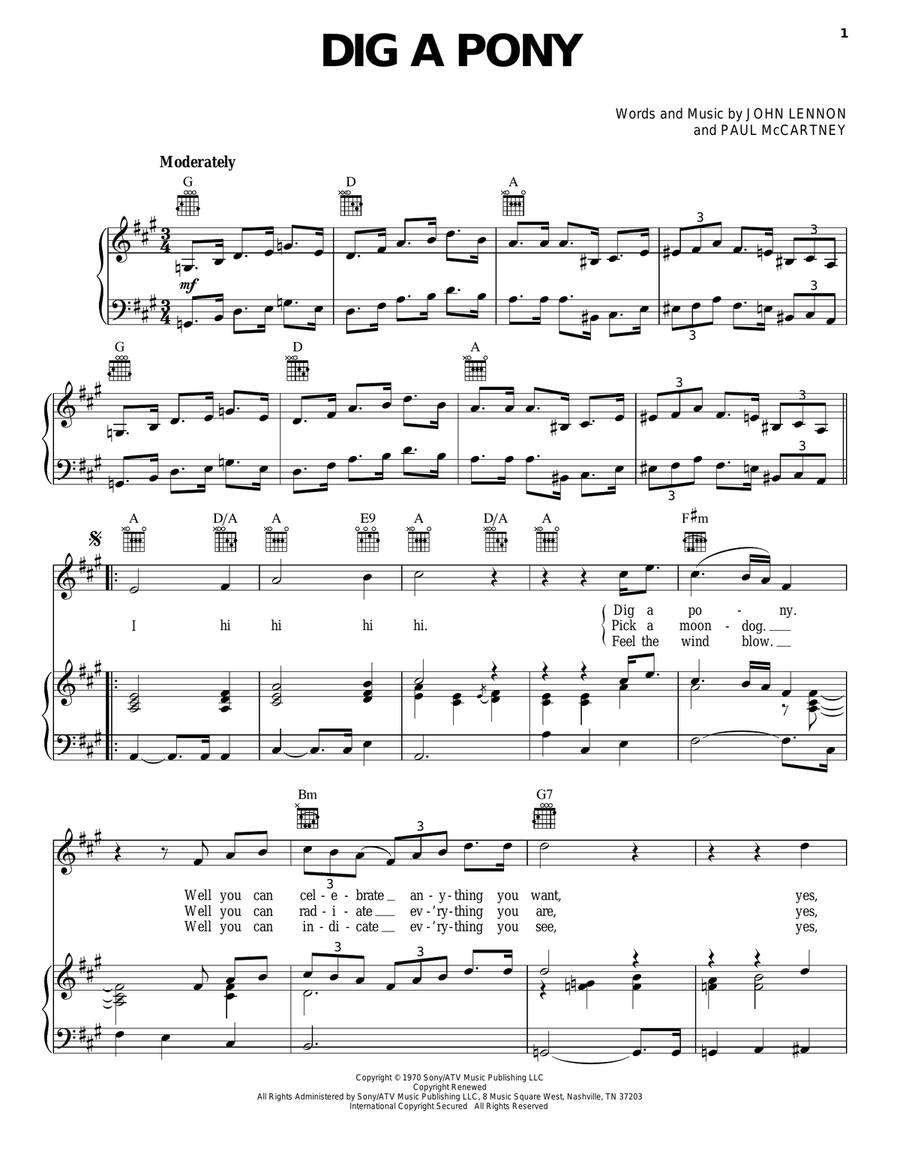 Dig A Pony Piano, Vocal, Guitar scores gallery preview page 1