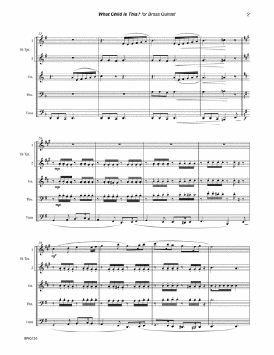 WHAT CHILD IS THIS (Greensleeves) arranged for BRASS QUINTET with optional Percussion Brass Ensemble scores gallery preview page 2