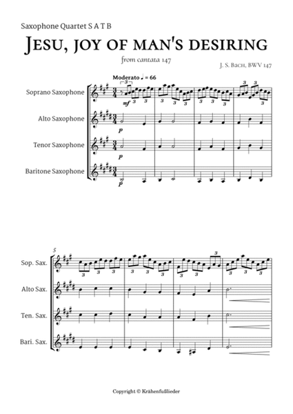 Bach Jesu, joy of man's desiring for Saxophone Quartet by Johann Sebastian Bach Saxophone Quartet - Digital Sheet Music
