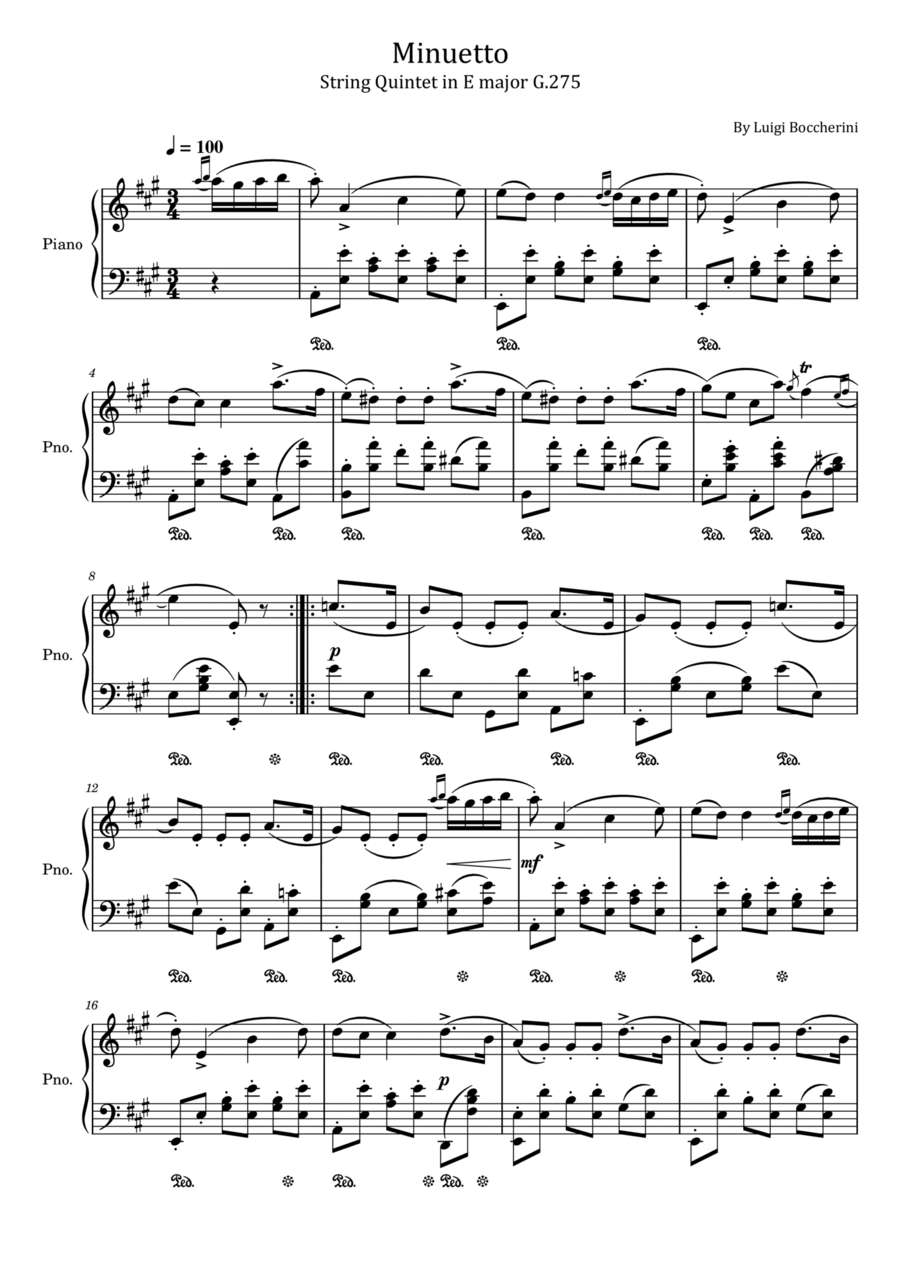 Boccherini - Minuetto - String Quintet in E major,G.275 - For Piano Solo Piano Solo scores gallery preview page 1