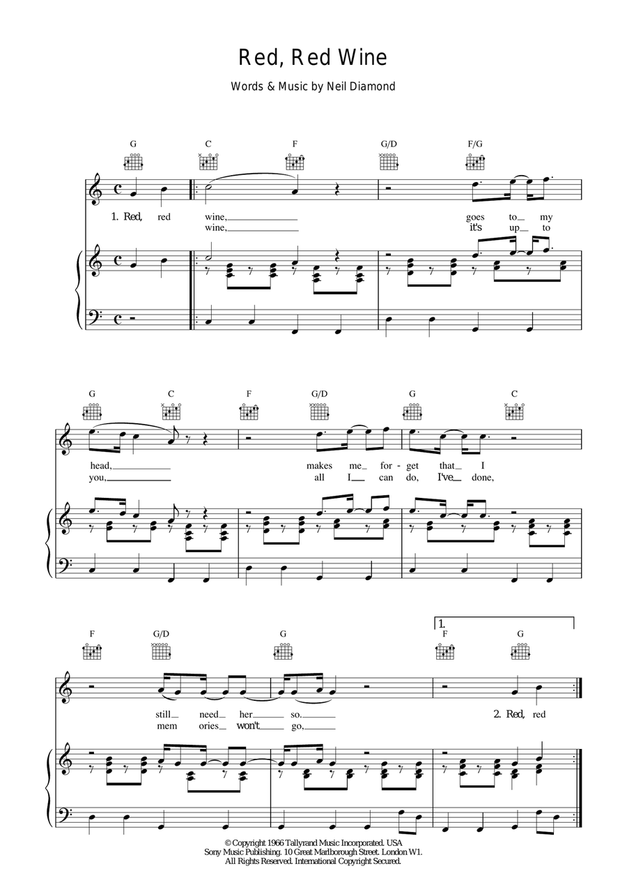 Red, Red Wine Piano, Vocal, Guitar scores gallery preview page 1