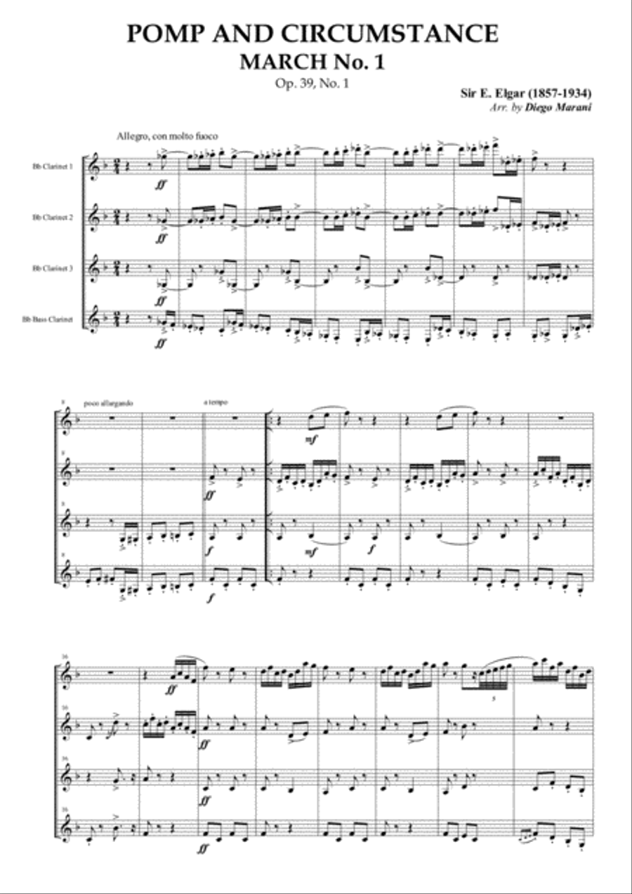 Pomp and Circumstance March No. 1 for Clarinet Quartet Clarinet Quartet scores gallery preview page 1