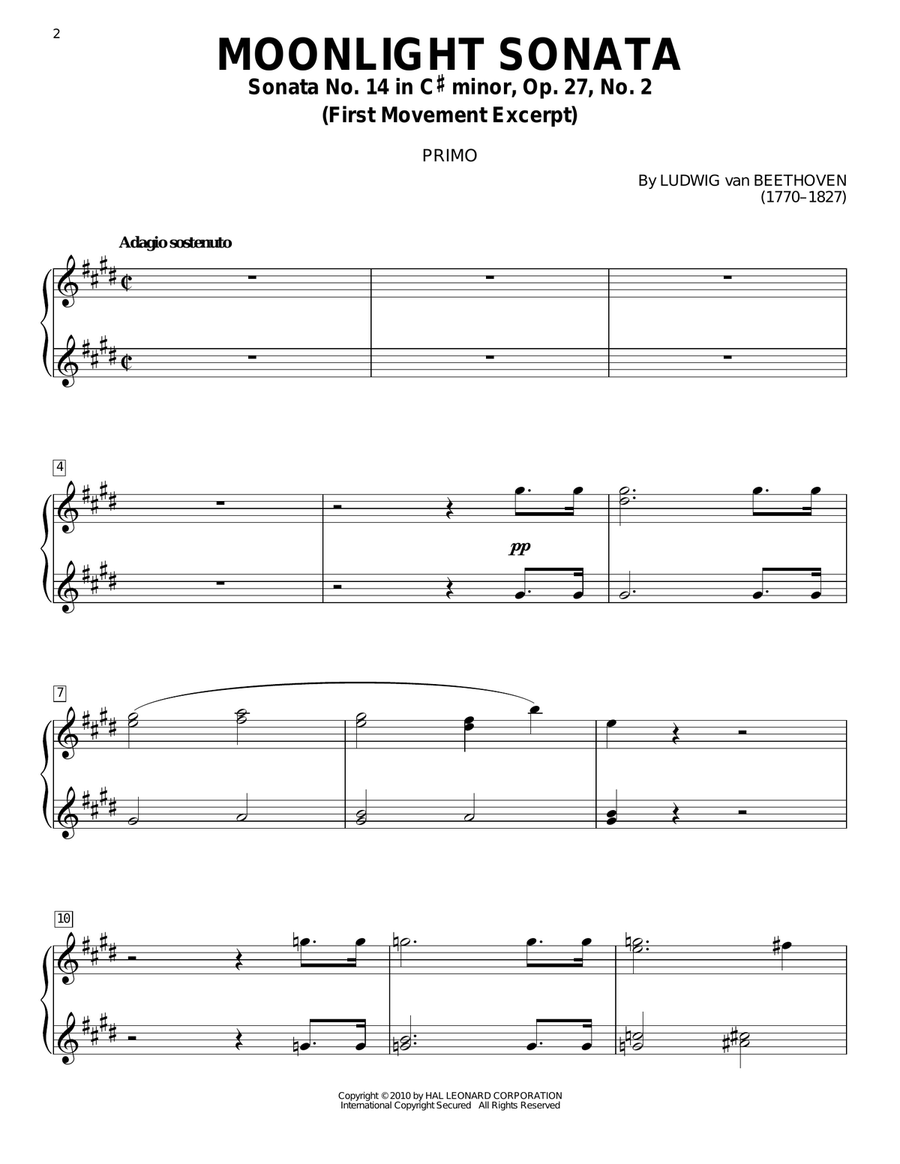 Piano Sonata No. 14 In C# Minor (Moonlight) Op. 27, No. 2 First Movement Theme Piano Duet scores gallery preview page 2