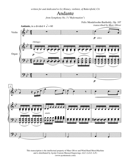 Andante from Mendelssohn's Reformation Symphony for Violin and Organ image number null