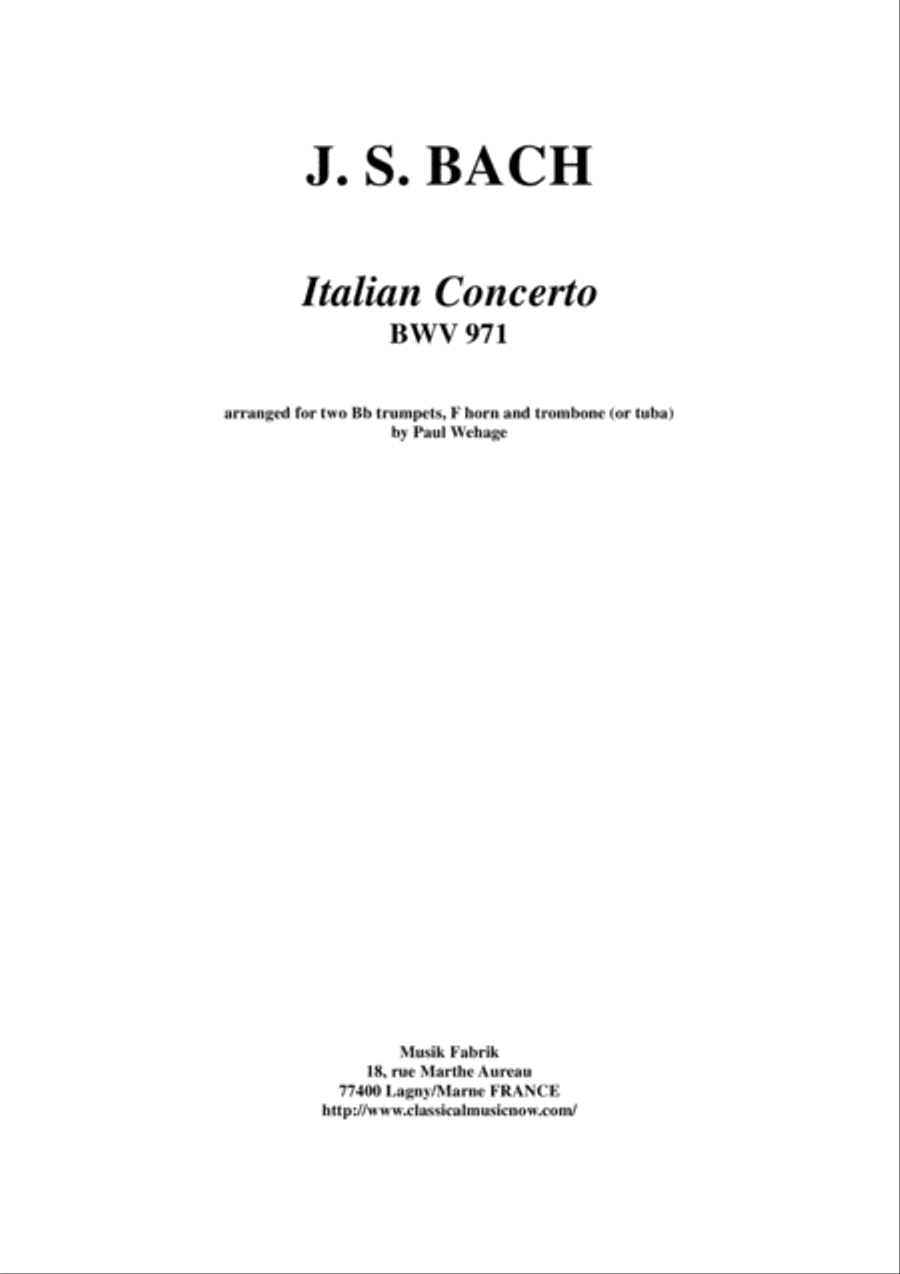 J. S. Bach: Italian Concerto BWV 971, arranged for two Bb trumpets, F horn and trombone or tuba Brass Ensemble scores gallery preview page 1