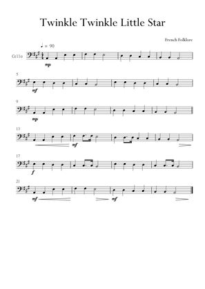 Twinkle Twinkle Little Star for Cello (Violoncello) in A Major. Very Easy.