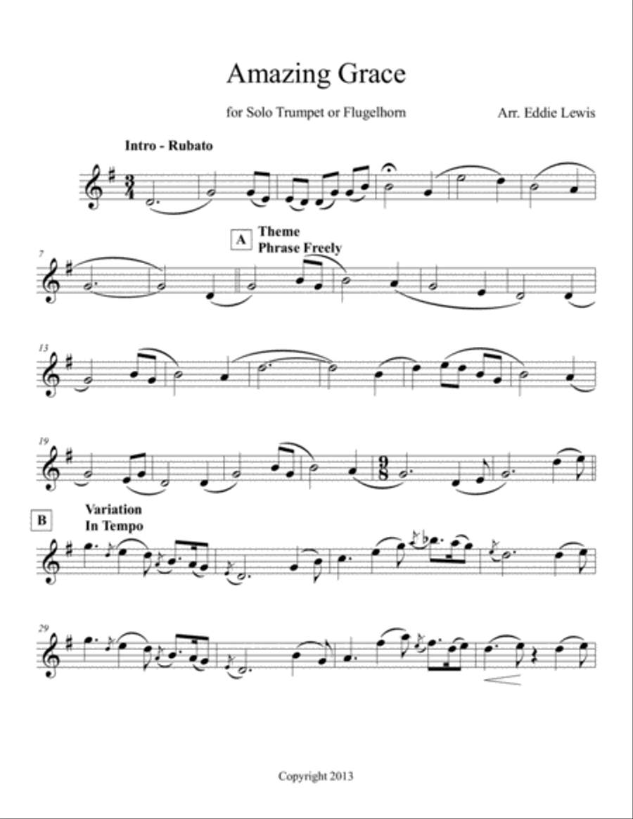 Amazing Grace Theme and Variations for Solo Trumpet by Eddie Lewis Trumpet Solo scores gallery preview page 2