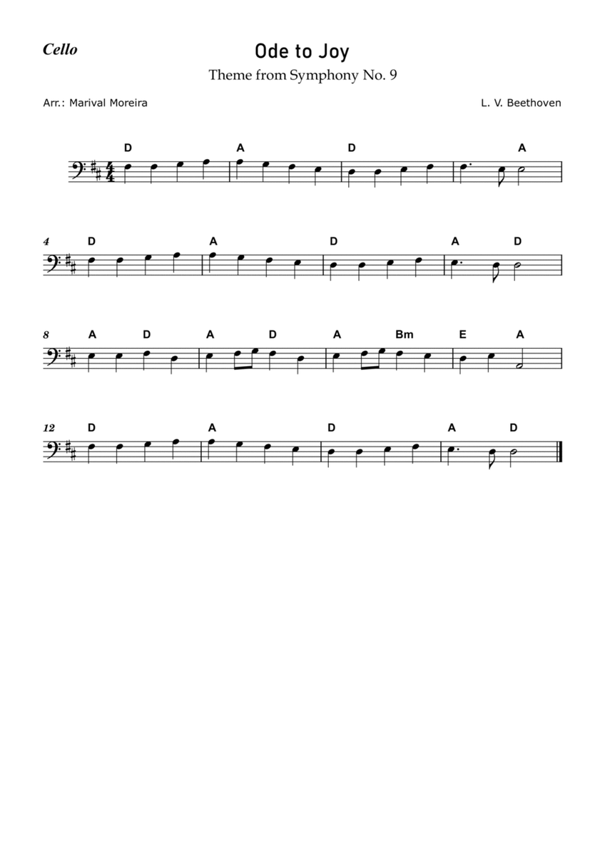 Ode to Joy - Beethoven (Cello Solo) - Score and Chords image number null