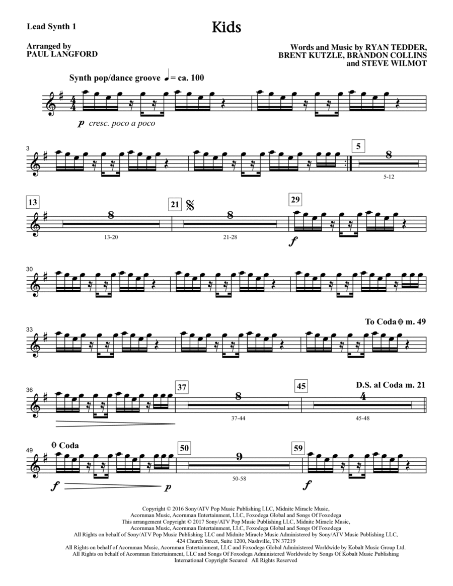 Kids (arr. Paul Langford) - Synthesizer I Choir scores gallery preview page 1