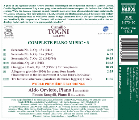 Camillo Togni: Complete Piano Music, Vol. 3