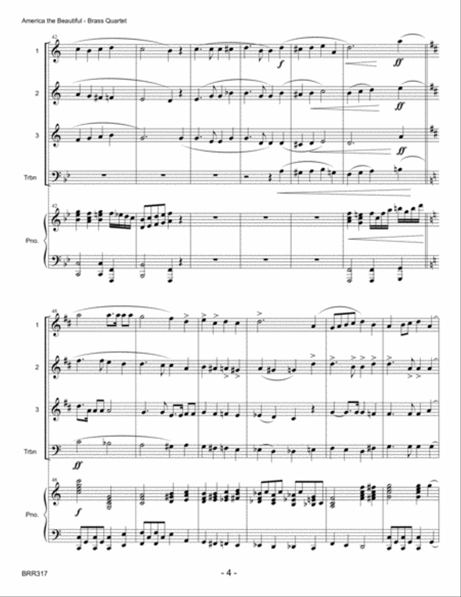 AMERICA THE BEAUTIFUL - BRASS QUARTET with optional Piano Brass Quartet scores gallery preview page 4