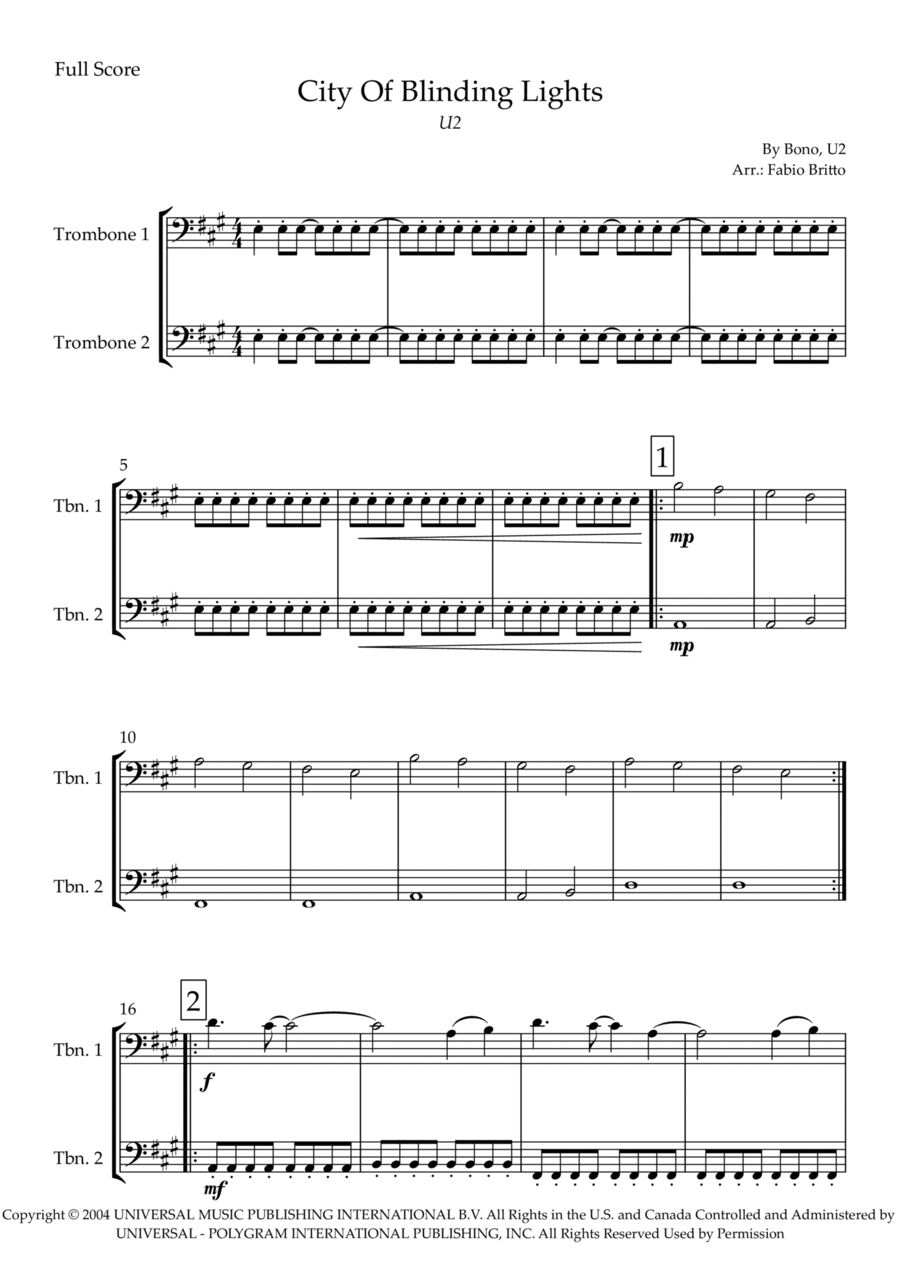 City Of Blinding Lights Trombone Duet scores gallery preview page 1