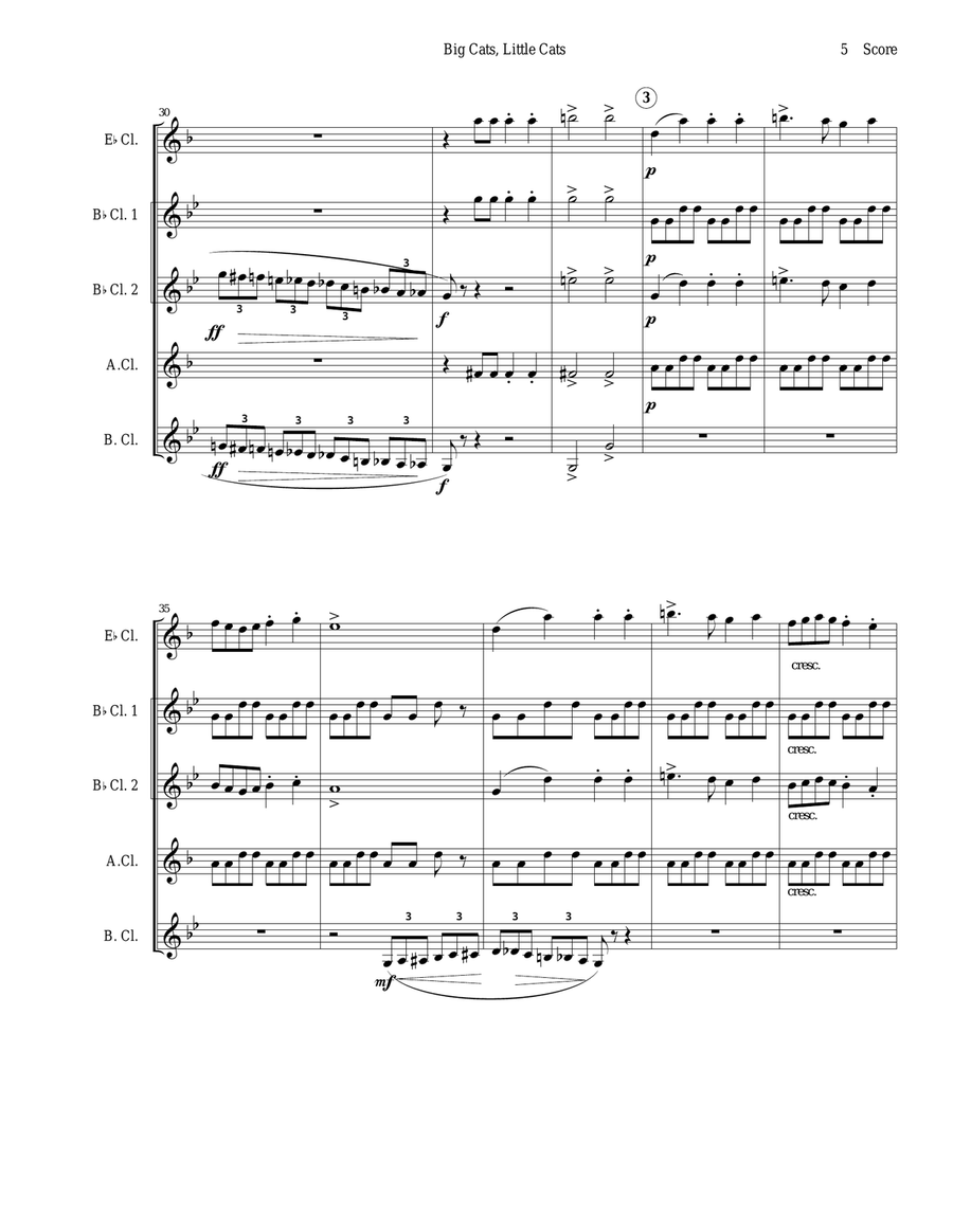 Clarinet Quintet or choir - Big Cats, Little Cats Clarinet Quintet scores gallery preview page 5