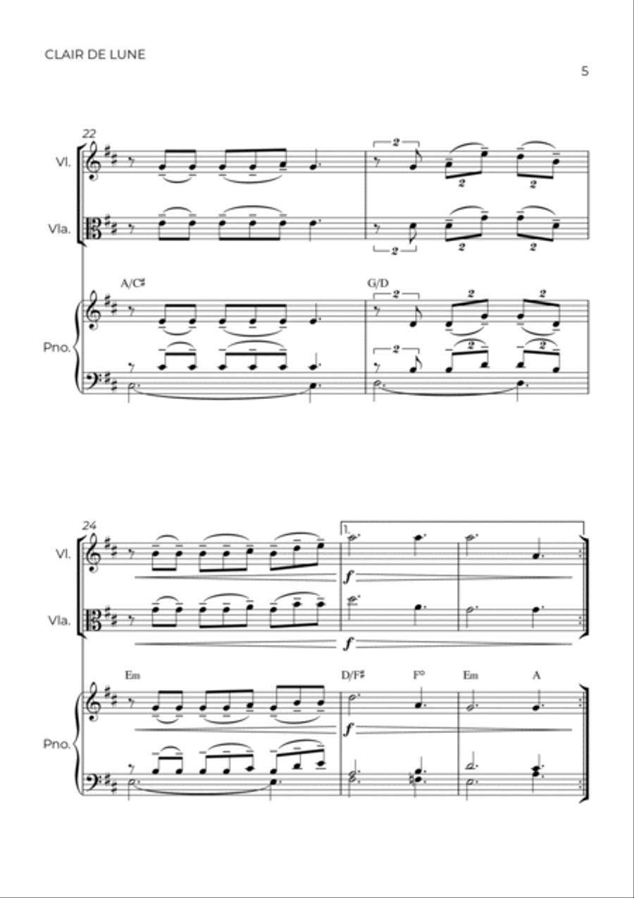 CLAIR DE LUNE - STRING PIANO TRIO (VIOLIN, VIOLA & PIANO) Viola scores gallery preview page 5