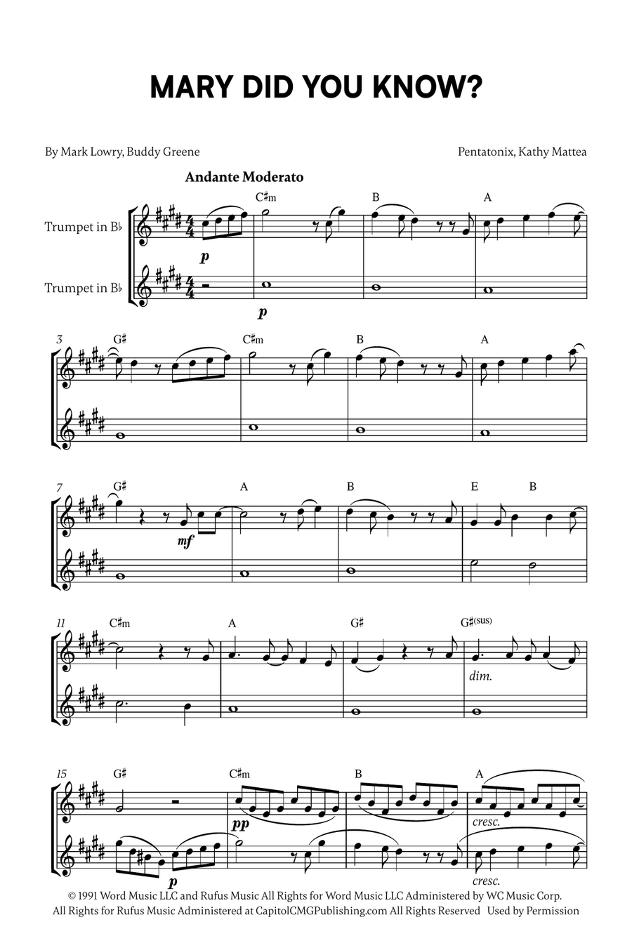 Mary, Did You Know? Trumpet Duet scores gallery preview page 1