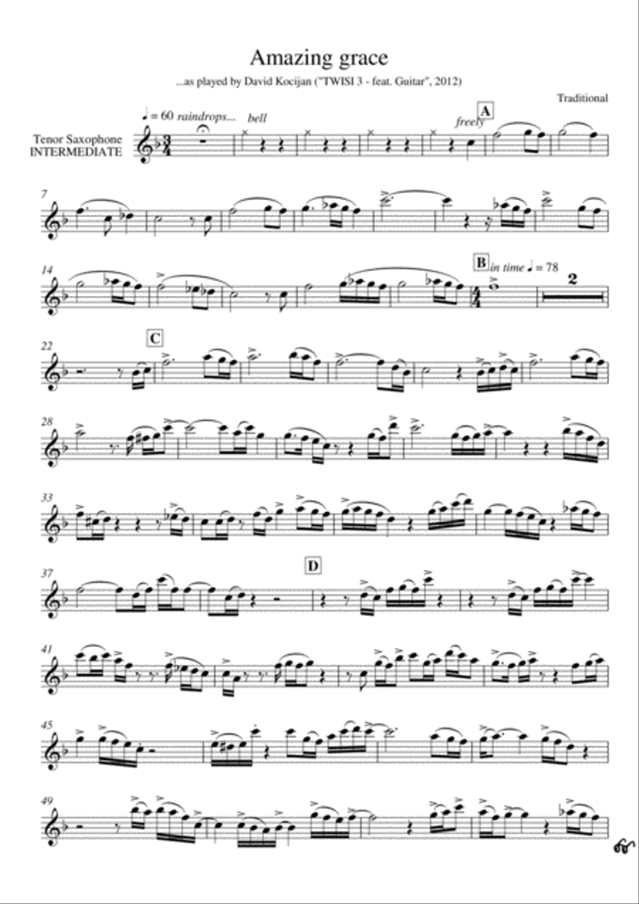 Amazing grace (guitar & tenor sax) - INTERMEDIATE Tenor Saxophone scores gallery preview page 2