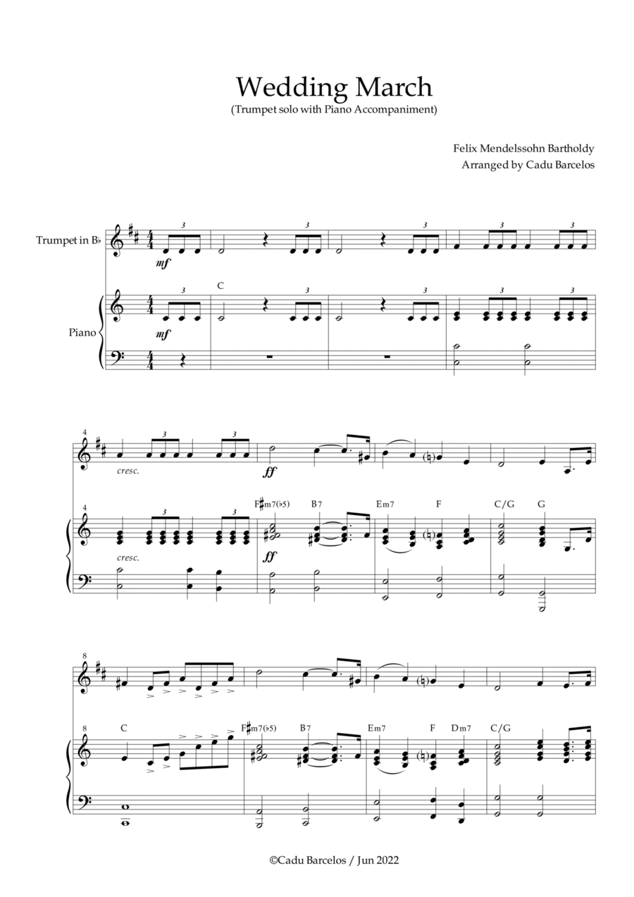 Wedding March - Trumpet and piano Mendelssohn B-Flat Trumpet scores gallery preview page 1