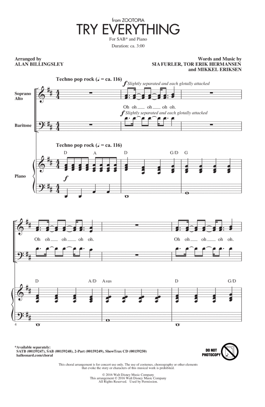 Try Everything (from Zootopia) (arr. Alan Billingsley) 3-Part scores gallery preview page 1