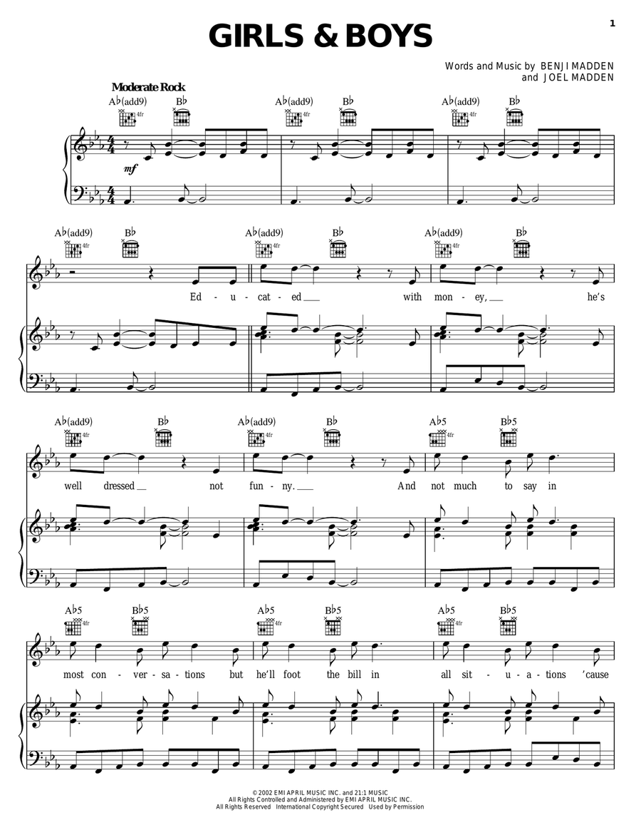 Girls & Boys Girls & Boys Piano, Vocal, Guitar scores gallery preview page 1