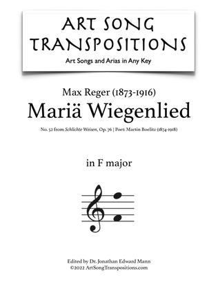 Book cover for REGER: Mariä Wiegenlied, Op. 76 no. 52 (transposed to F major)