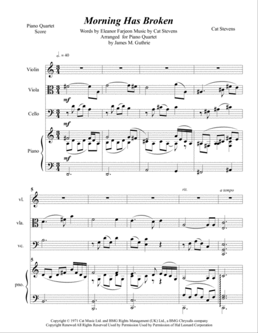 Morning Has Broken Piano Quartet scores gallery preview page 1
