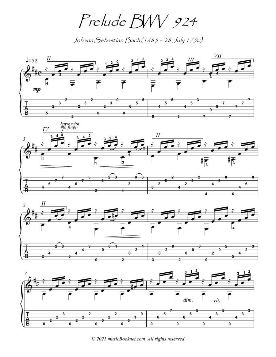 Bach for Guitar Prelude BWV 924 guitar solo Bach for Guitar Prelude BWV 924 guitar solo Acoustic Guitar scores gallery preview page 1