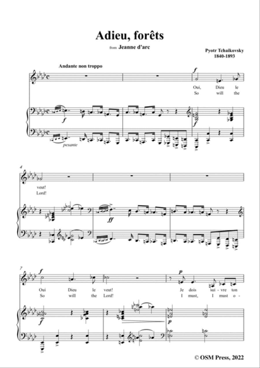 Tchaikovsky-Adieu,forêts,from Jeanne D'arc,in A flat Major,for Voice and Pinao Voice scores gallery preview page 3