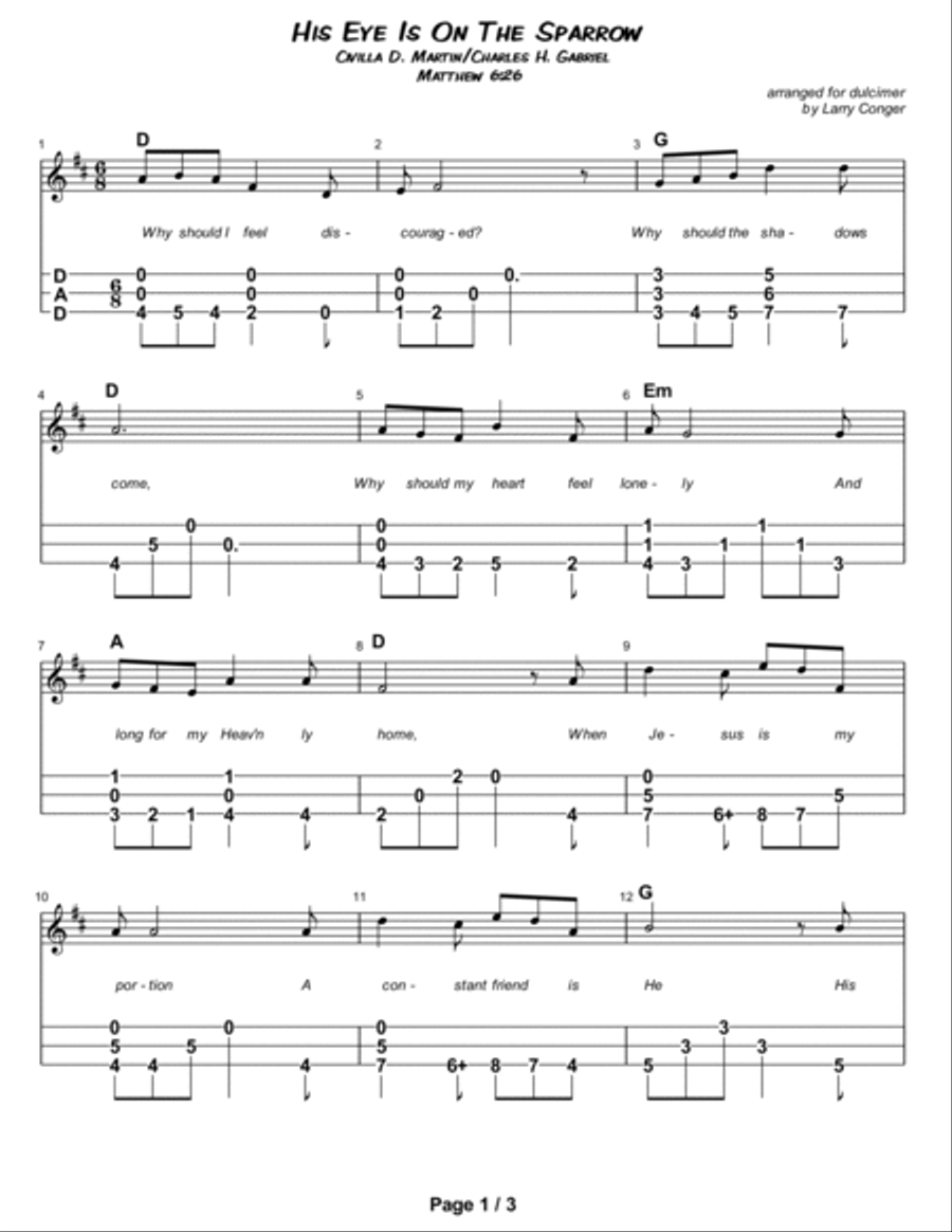 His Eye Is On the Sparrow Dulcimer scores gallery preview page 2