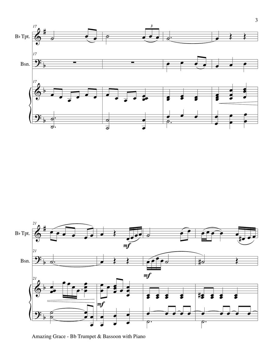 AMAZING GRACE (Bb Trumpet & Bassoon with Piano - Score & Parts included) Bassoon scores gallery preview page 4