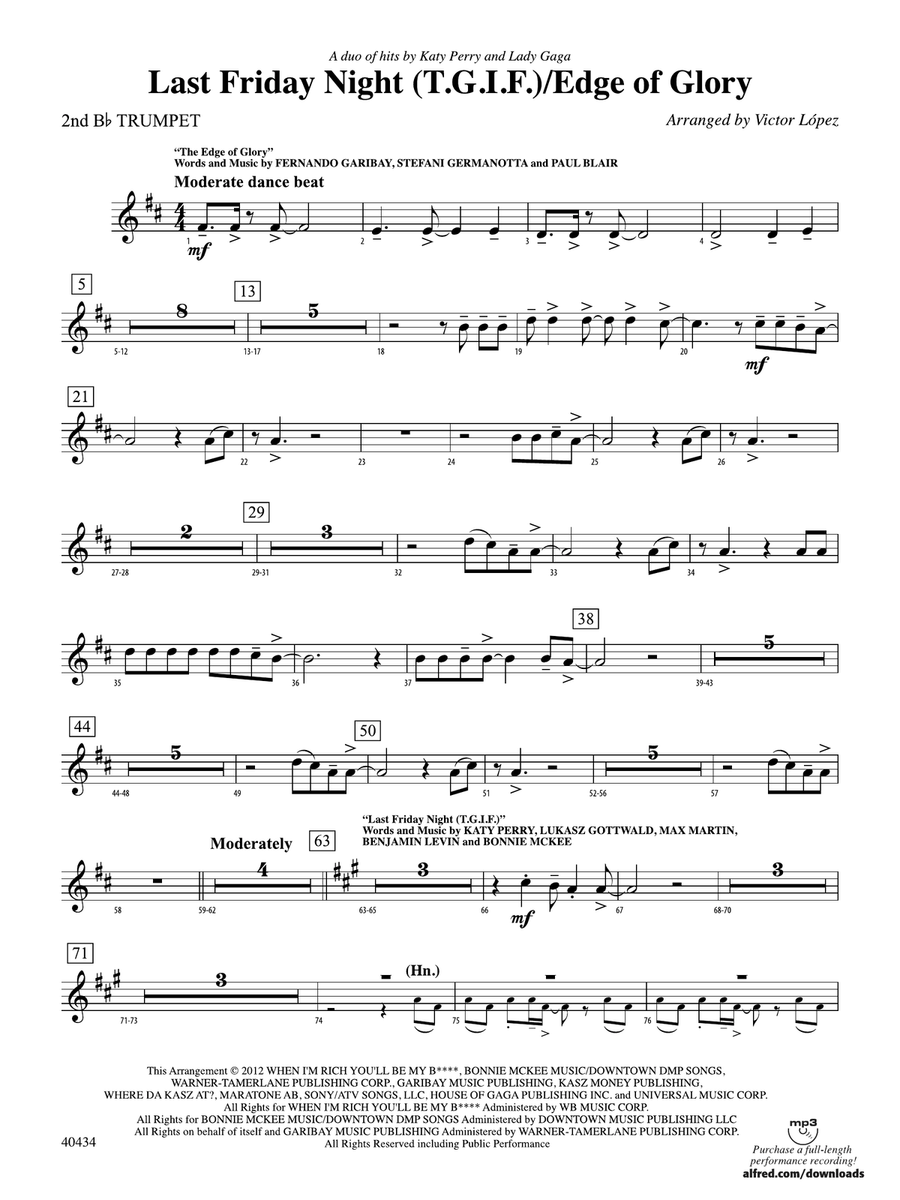 Last Friday Night (T.G.I.F.) / Edge of Glory: 2nd B-flat Trumpet
