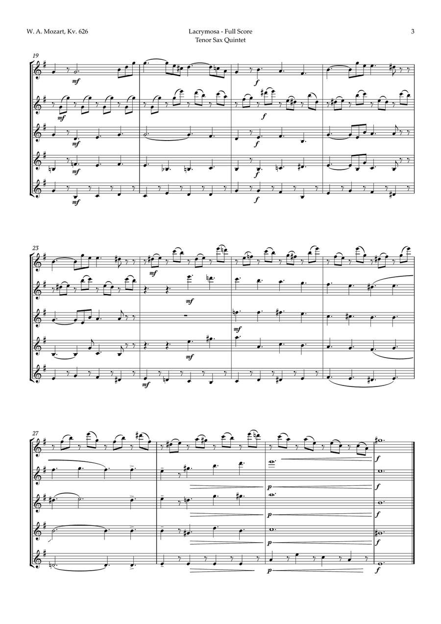 Queen of the Night Aria by Mozart for Tenor Sax Quintet Saxophone Quintet scores gallery preview page 3