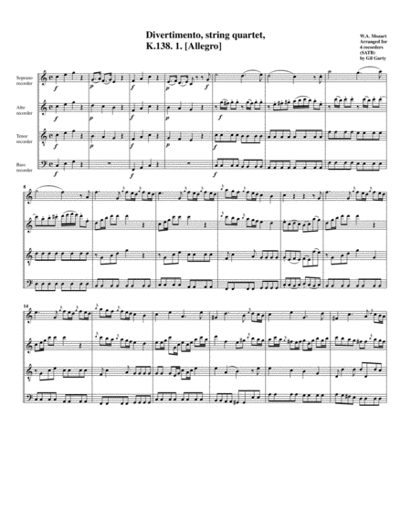 Divertimento, K.138 (arrangement for 4 recorders)