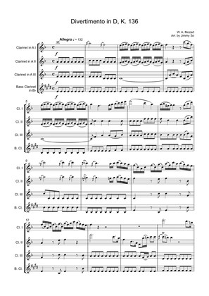 Mozart Divertimento in D K. 136 arrange for Clarinet Quartet