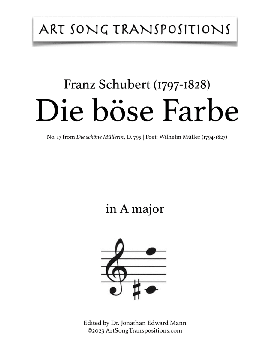 SCHUBERT: Die böse Farbe, D. 795 no. 17 (transposed to A major) Voice scores gallery preview page 1