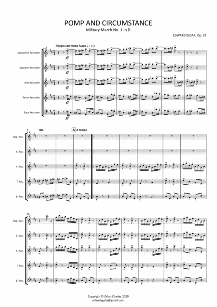 Edward Elgar - Pomp and Circunstamce No.1 in D major - for recorder quintet Woodwind Quintet scores gallery preview page 3