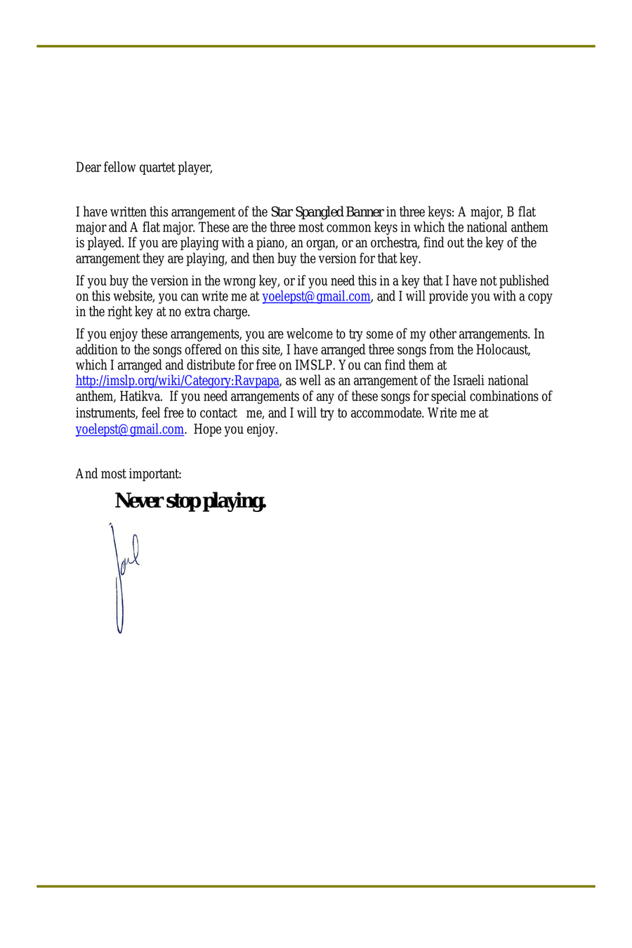 Star Spangled Banner in the key of A Major for String Quartet String Quartet scores gallery preview page 2