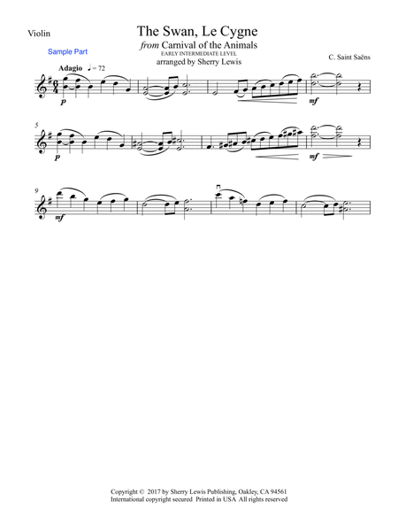 The Swan, LE CYGNE for Violin Solo, Early Intermediate Level for solo violin image number null