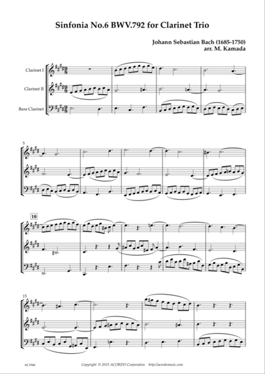 Sinfonia No.6 BWV.792 for Clarinet Trio image number null